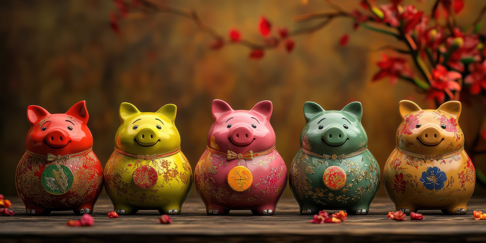 Colorful ceramic piggy banks lined up on a wooden table with floral designs in a warm setting